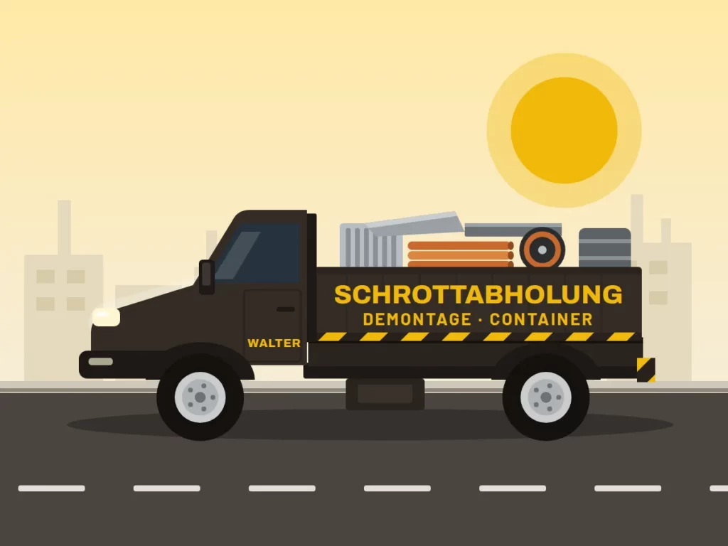 Illustration eines braunen Lkw mit Pritsche und Altmetall-Ladung, beschriftet mit Schrottabholung Walter